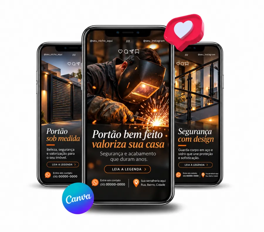 Três celulares mostrando reels de serralheria editáveis no Canva